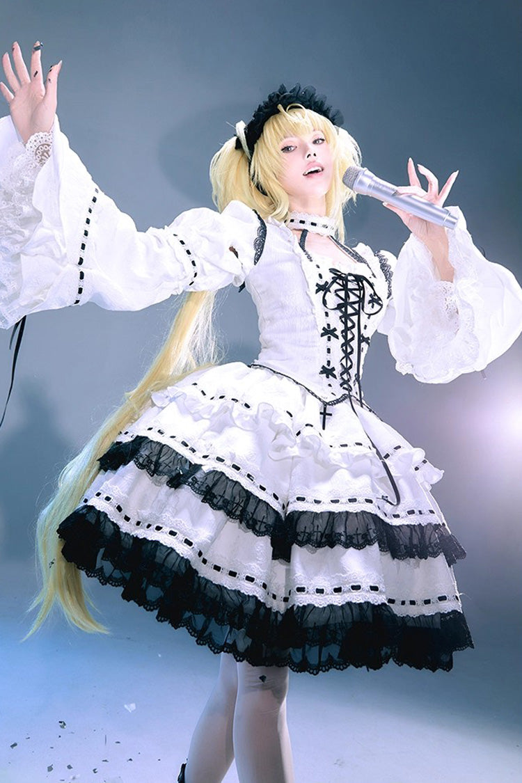 White Witch Long Sleeves Double-Layered Lace-Up Gothic Skirt Set