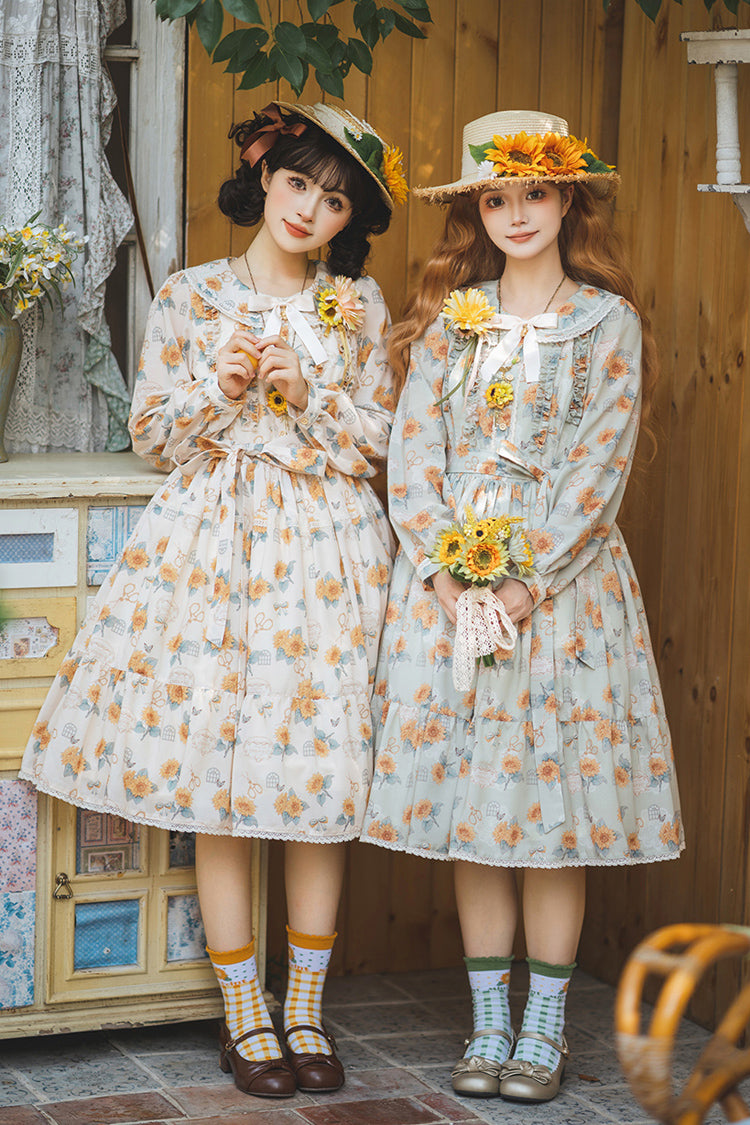 Green Sunflower Long Sleeve Floral Bow Elegant Lolita Dress