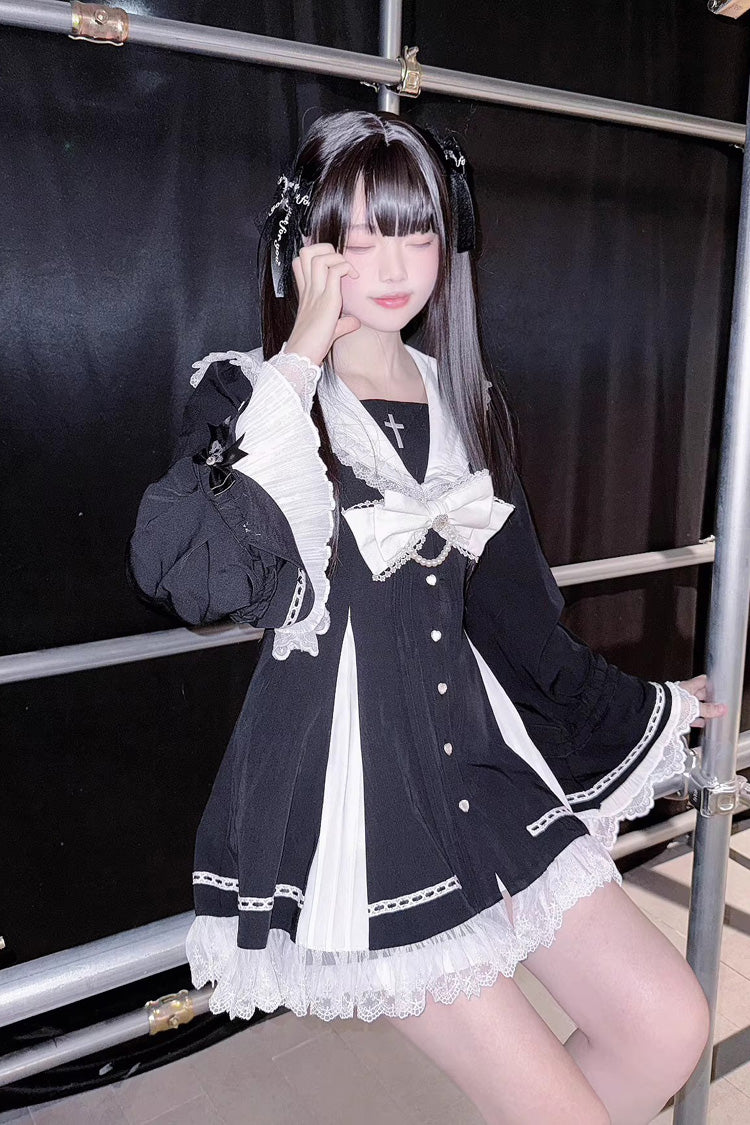 Square Collar Long Sleeves Bow Lace Pearl-Decorated Sweet Jirai Kei Dress and Short Set