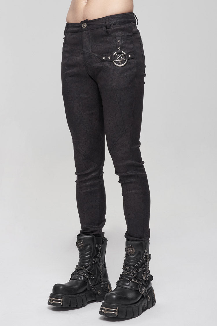 Men's Punk Slim Pants with Metal Pentagram, Crackle Finish and Basic Funds