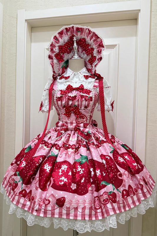 Dream to Strawberry Print Ruffled Bow Lace Sweet Lolita JSK Dress - 4 Colors
