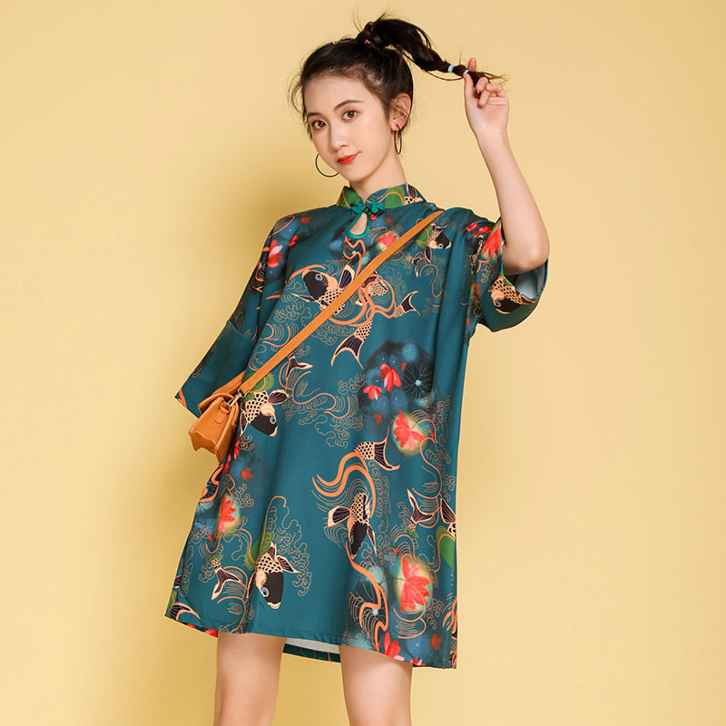 Vintage Floral Embroidery Short Sleeve Cheongsam Dress