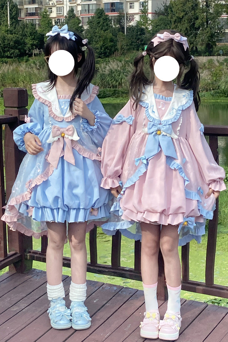 Music Note Print Blue Lace Sweet Lolita Dress with Bow