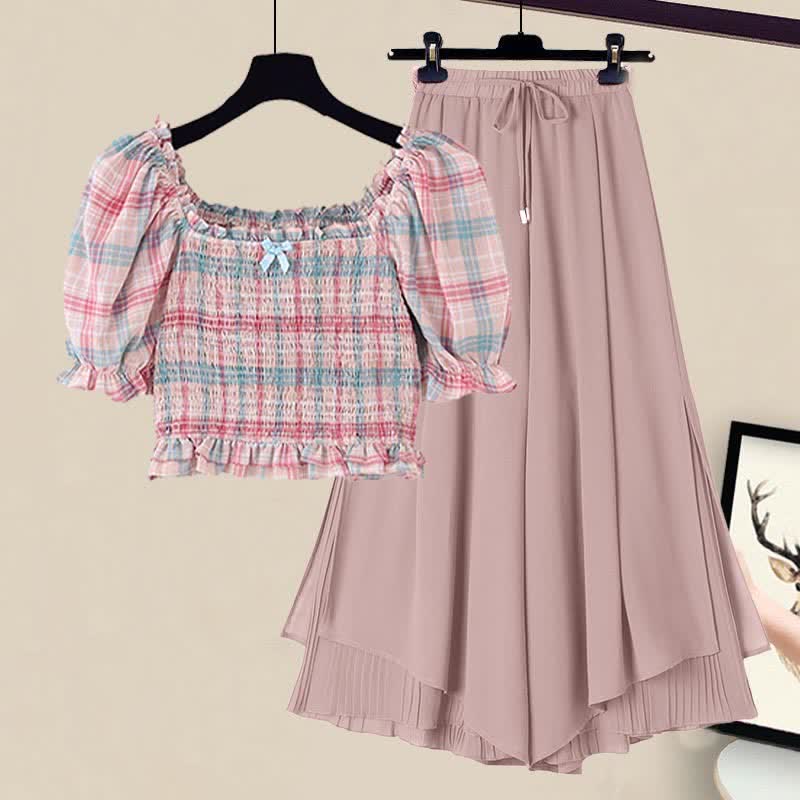 Sweet Pink Plaid Puff Sleeve Top T-Shirt Split Wide-leg Pants