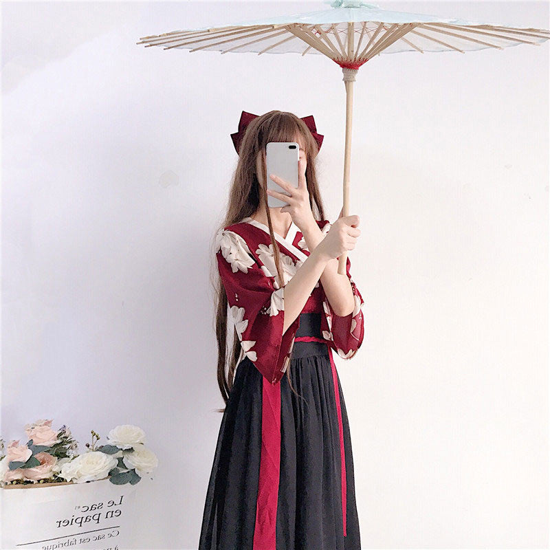 Floral Red Black Hanfu Costume Set