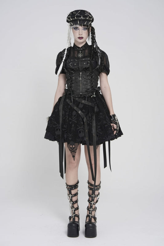 Gothic Swallow-Tail Vest for Her with Slim Zip & Lace-Up Bow