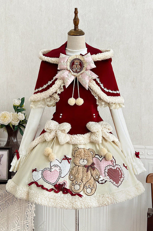 Scarlet Beige Heart Bear Embroidered Sweet Lolita Jumper Dress Ensemble
