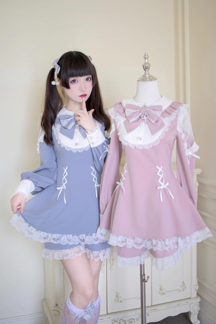 Jirai Kei Dress and Shorts Set with Hollow Bowknot, Lace-Up, Grey/Blue