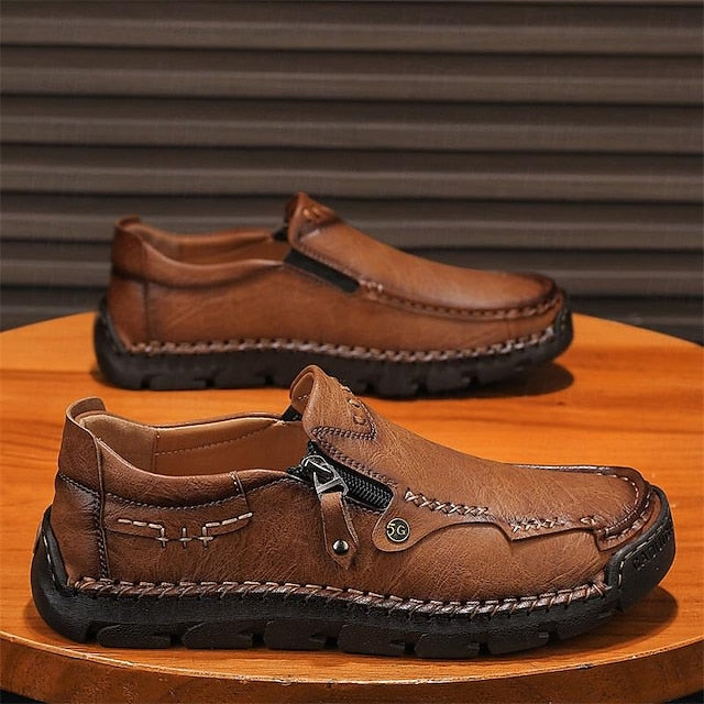 Slip-On Side Loafers Zipper with Brown Men's Faux Leather