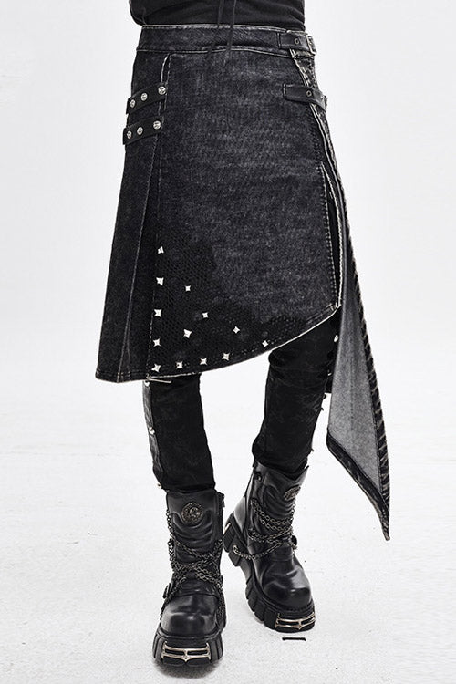 Men's Punk Rock Skirt with Metal Nails, Worn Corduroy and Wrapped Loops