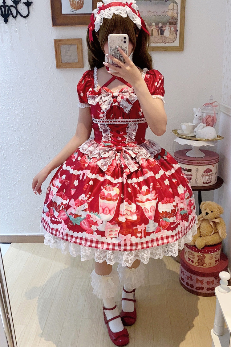 Crimson Strawberry Parfait Pattern Short Sleeve Bow Lace Corset Sweet Lolita Gown