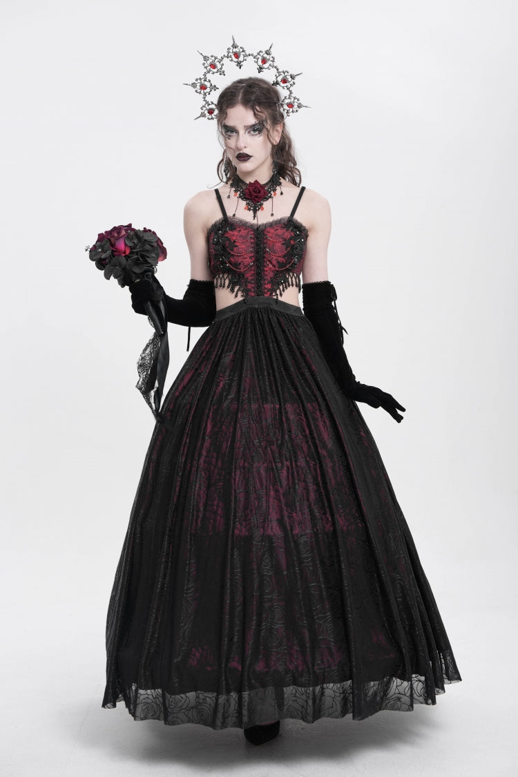Scarlet Jacquard Floral Embroidered Lace Ripped Gothic Party Slip Dress