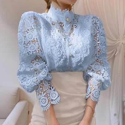 Elegant Pearl Hollow Out Lace Shirt