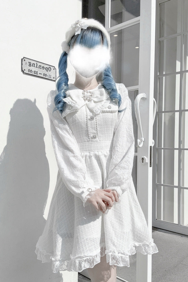White Long Sleeve Bow Lace Pearl Sweet Jirai Kei Dress