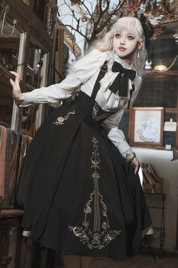 Black White Violin Variations Ruffled Embroidered Gothic Jumper Set