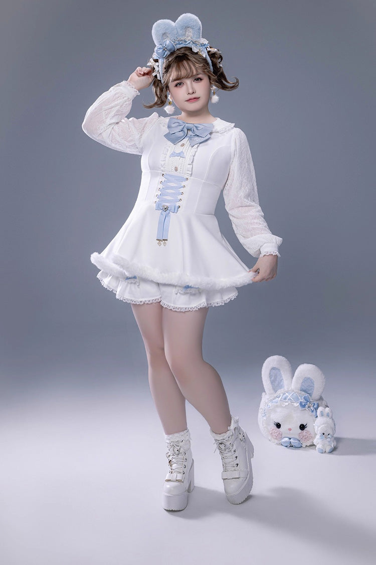 White Long Sleeve Ruffled Bow Lace-Up Jirai Kei Plush Set