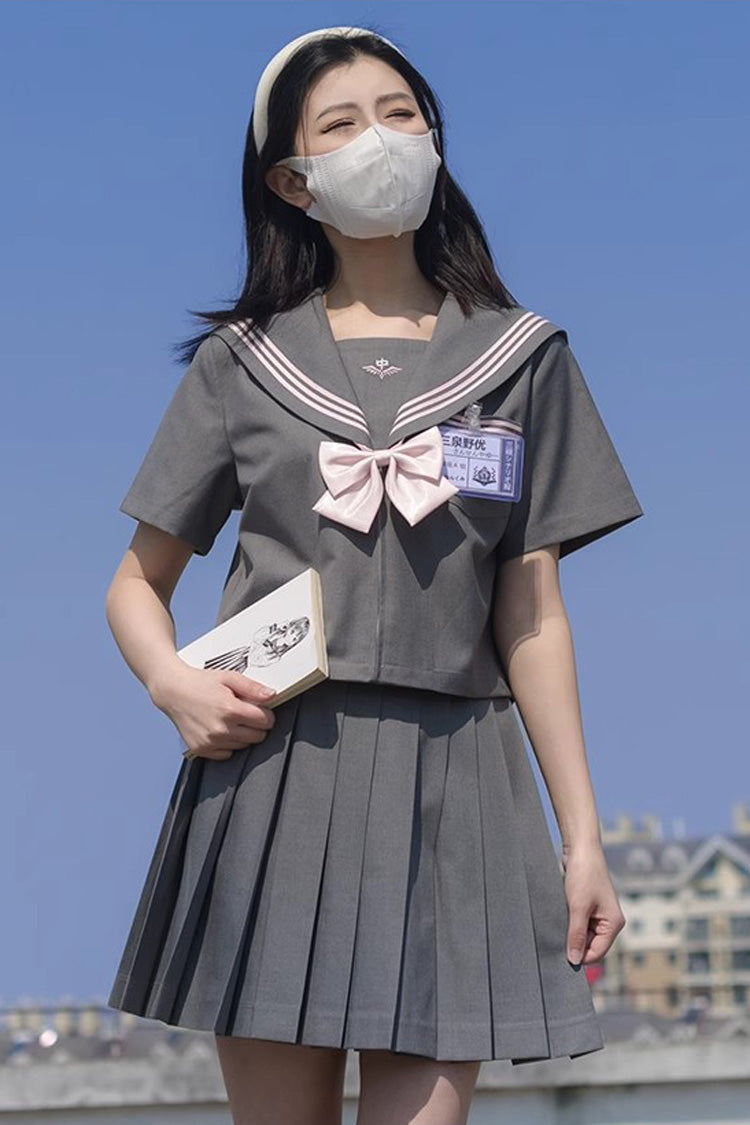 Ash Navy-Collar School Pleated Skirt