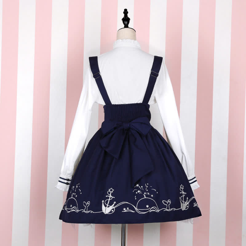 Sailor Collar Shirt Cartoon Dolphin Print Suspender Skirt