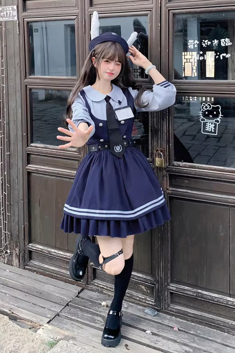 Blue Rabbit Officer Long Sleeves Printed Ruffled Faux Two-Piece College Style Sweet Dress