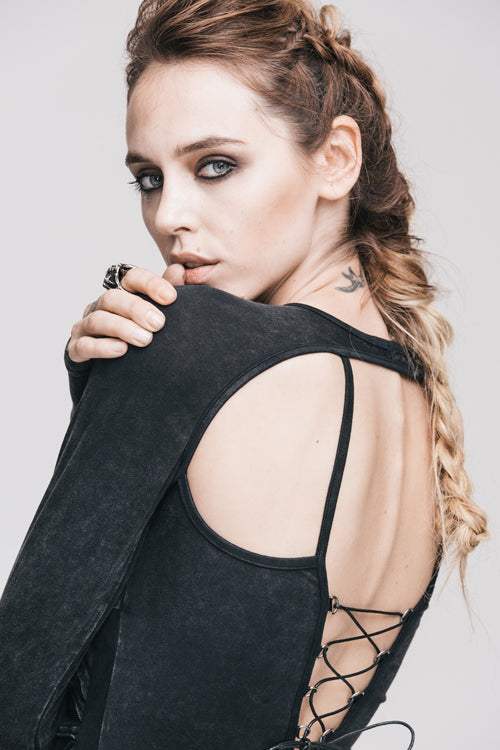 Women's Punk T-Shirt with Hollow Out Long Sleeves Straps Design