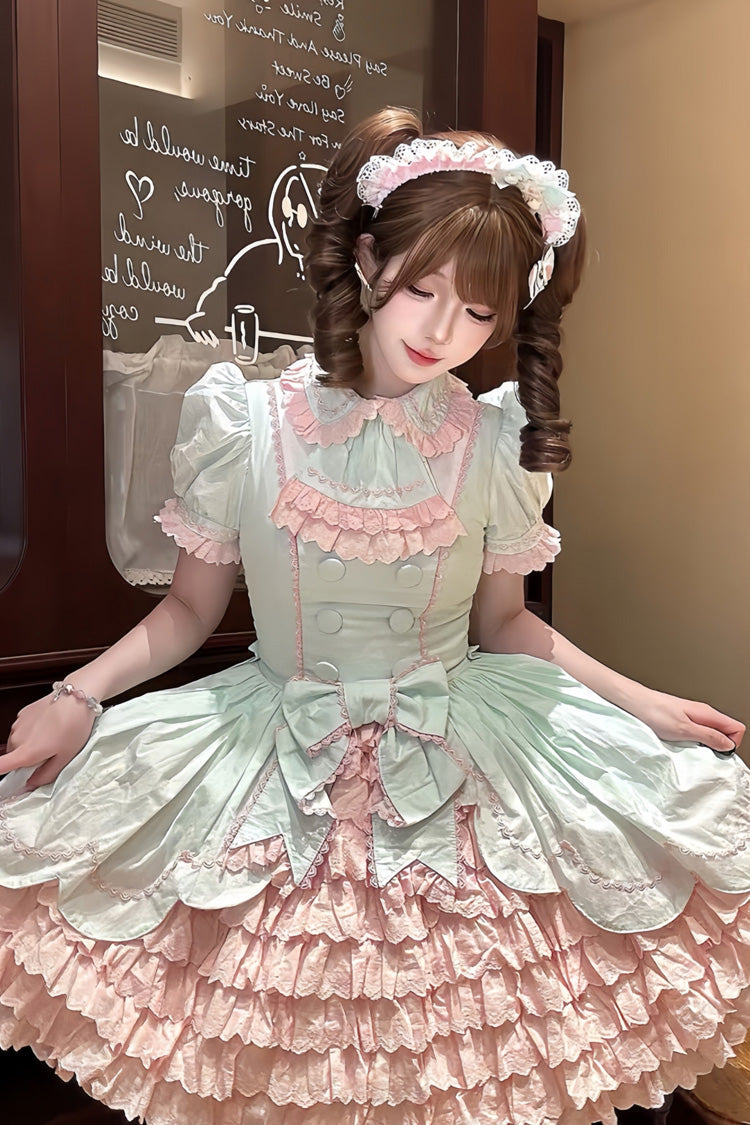 Pink Green Honeydew Melon Short Sleeve Layered Ruffle Bow Sweet Dress