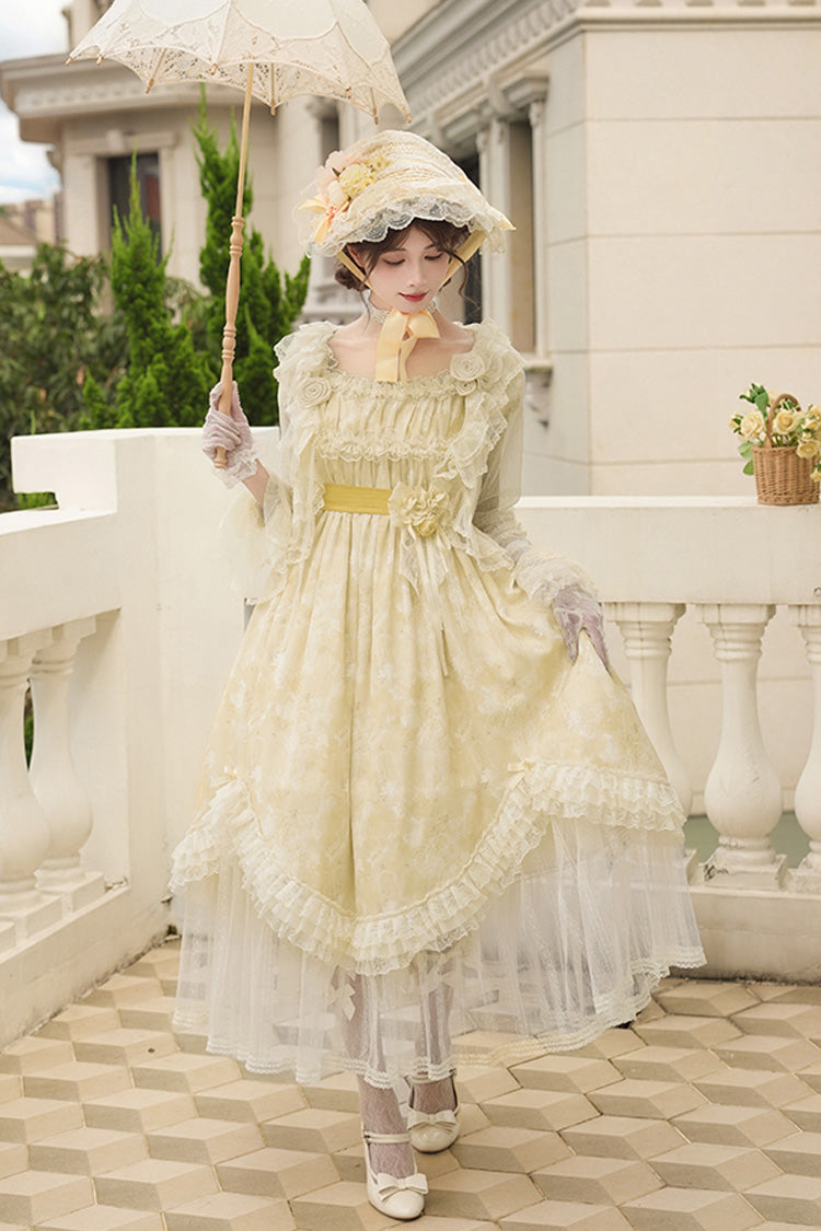 Golden Square Collar Short Sleeve Printed Ruffle Lace Sweet Elegant Long Gown - Falling Flowers as a Message