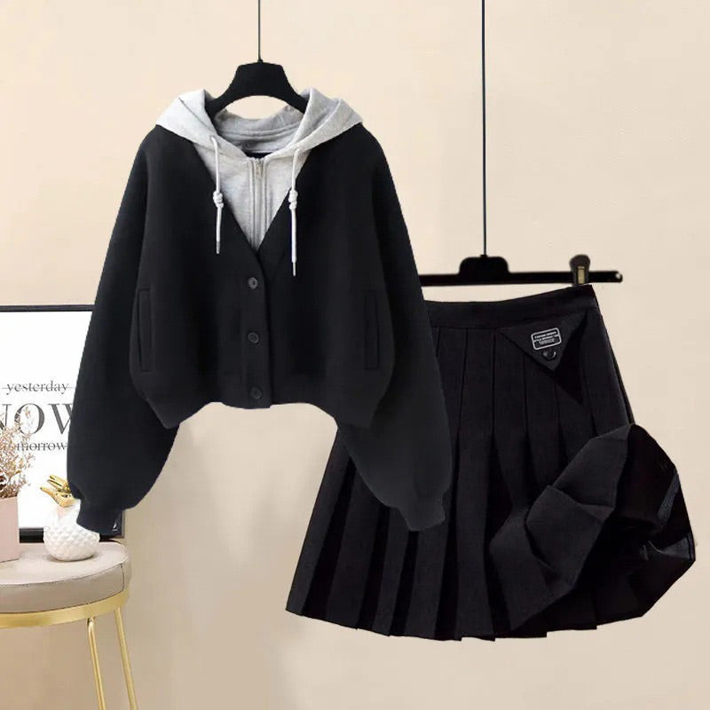 Casual Pocket Hoodie Pleated Skirt Set