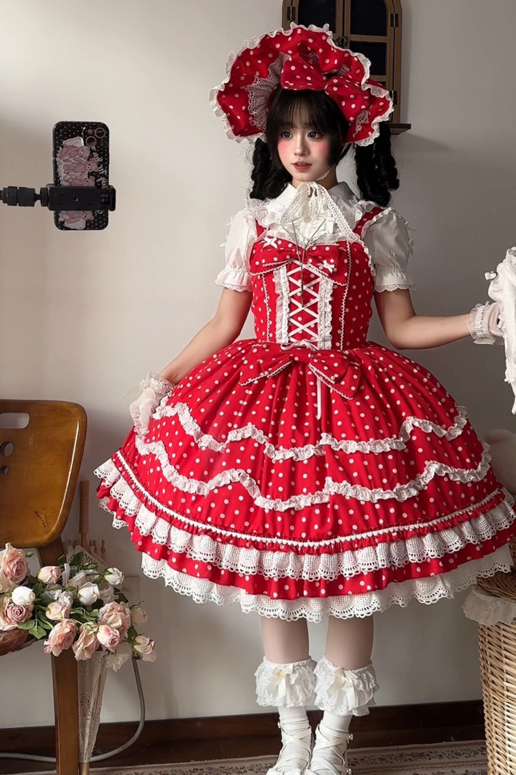 Red Polka Dot Floral Ruffle Lace Up Sweet Lolita Dress