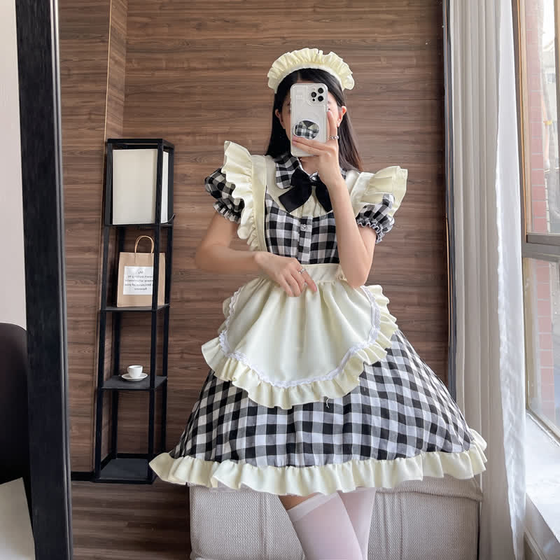 Sweet Bow Knot Ruffled Plaid Maid Dress