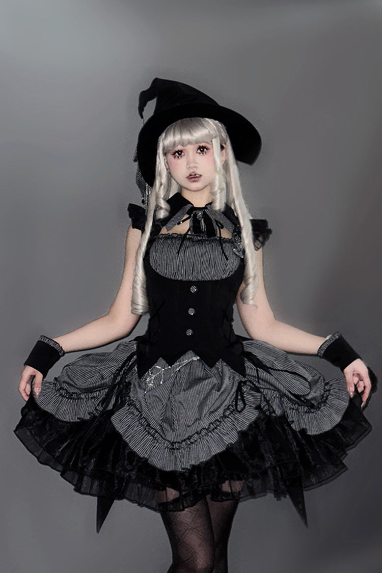 Gothic Lolita Dress with Triple-Layered Ruffle, Bowknot, Lace, Grey Potions