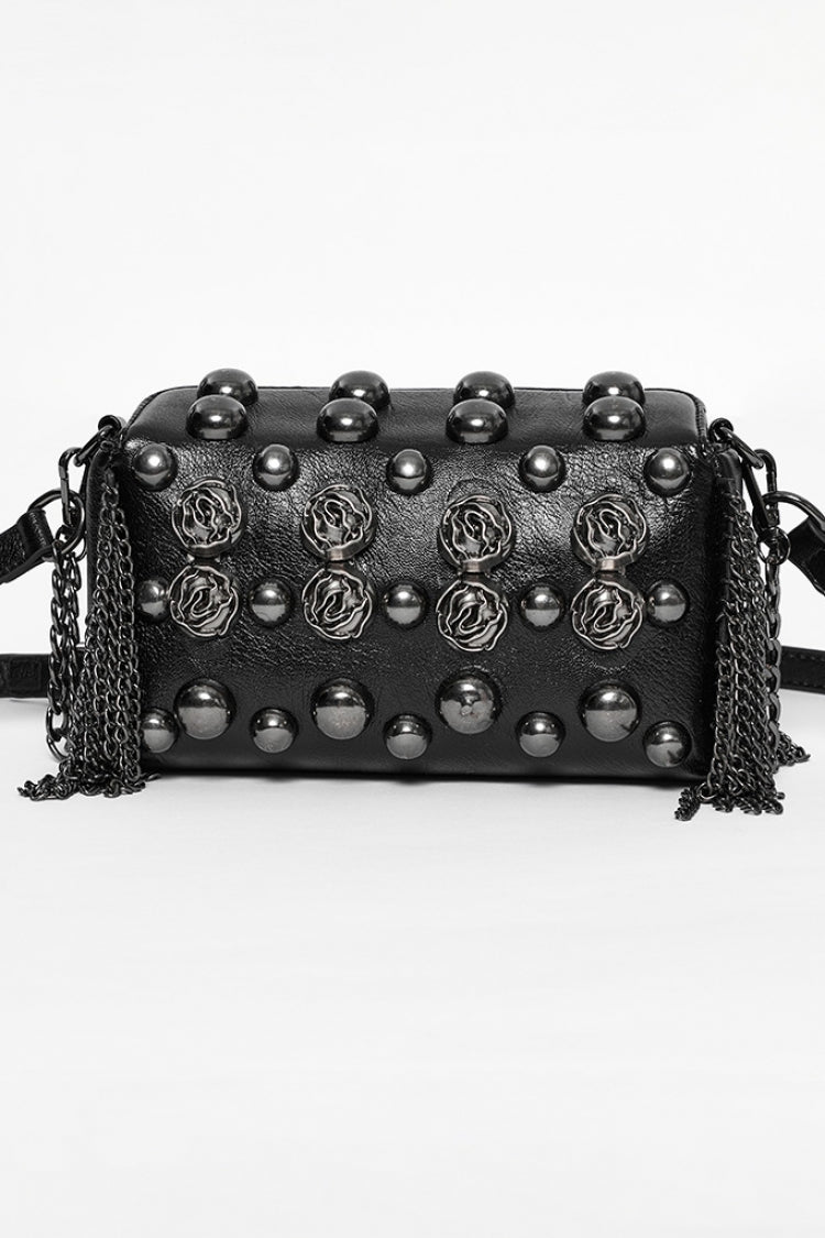Gothic Faux Leather Clutch with Beaded Rose & Rivet Detail