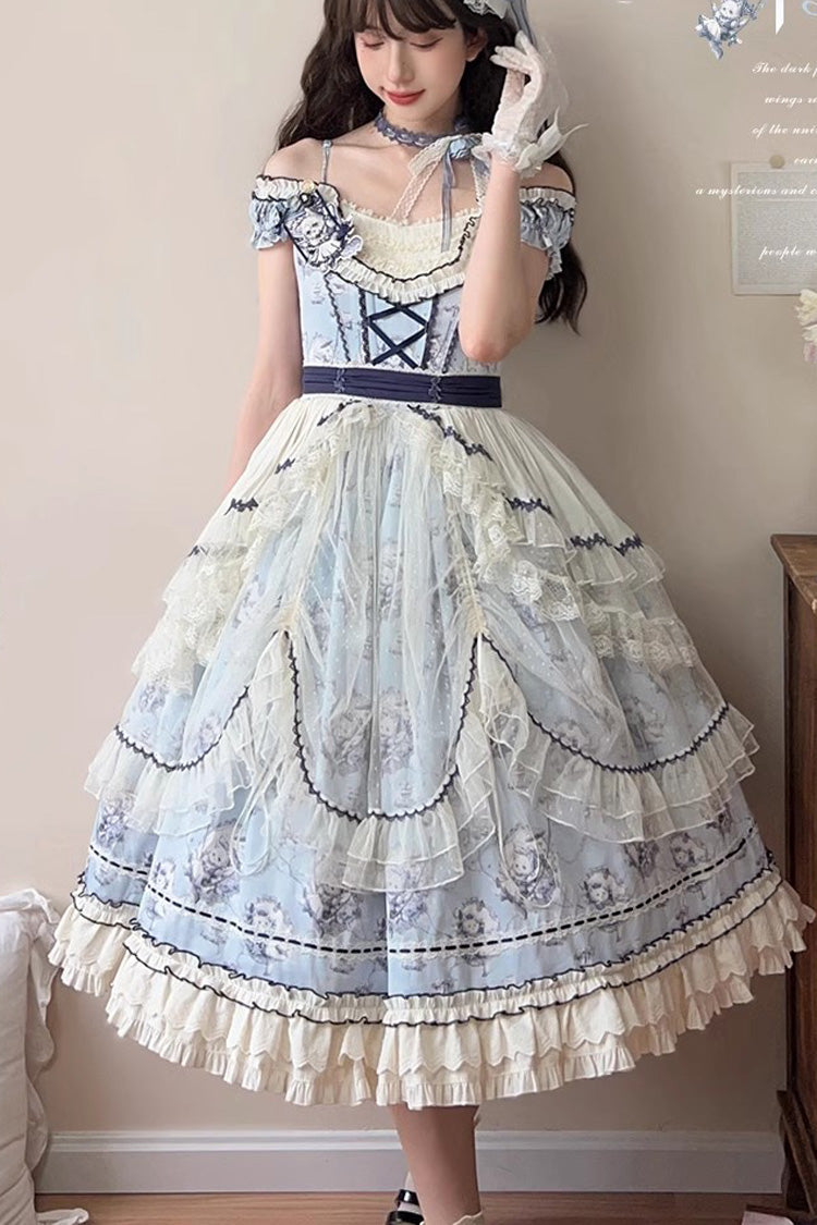 Swing Cat Print Ruffled Bow Lace Sweet Elegant Lolita Jumper Dress
