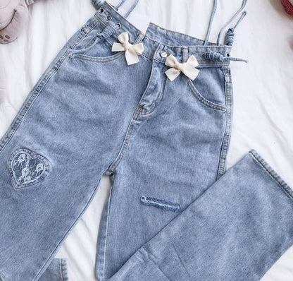 Kawaii bow embellished denim relaxed fit jeans