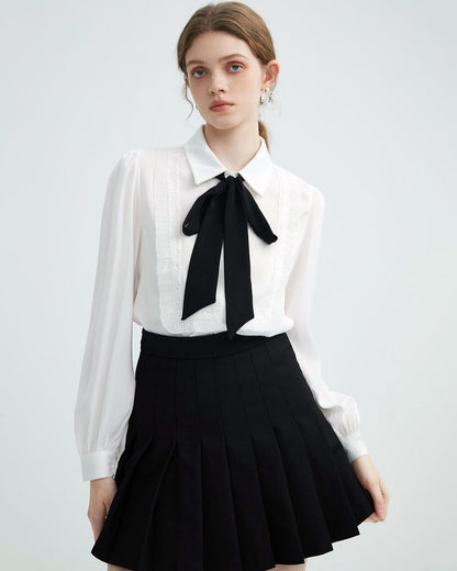 Elegant Ruffle Bow Tie Neck Shirt