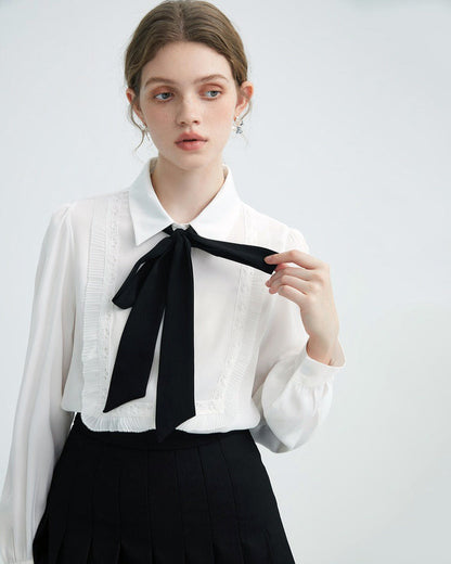 Elegant Ruffle Bow Tie Neck Shirt