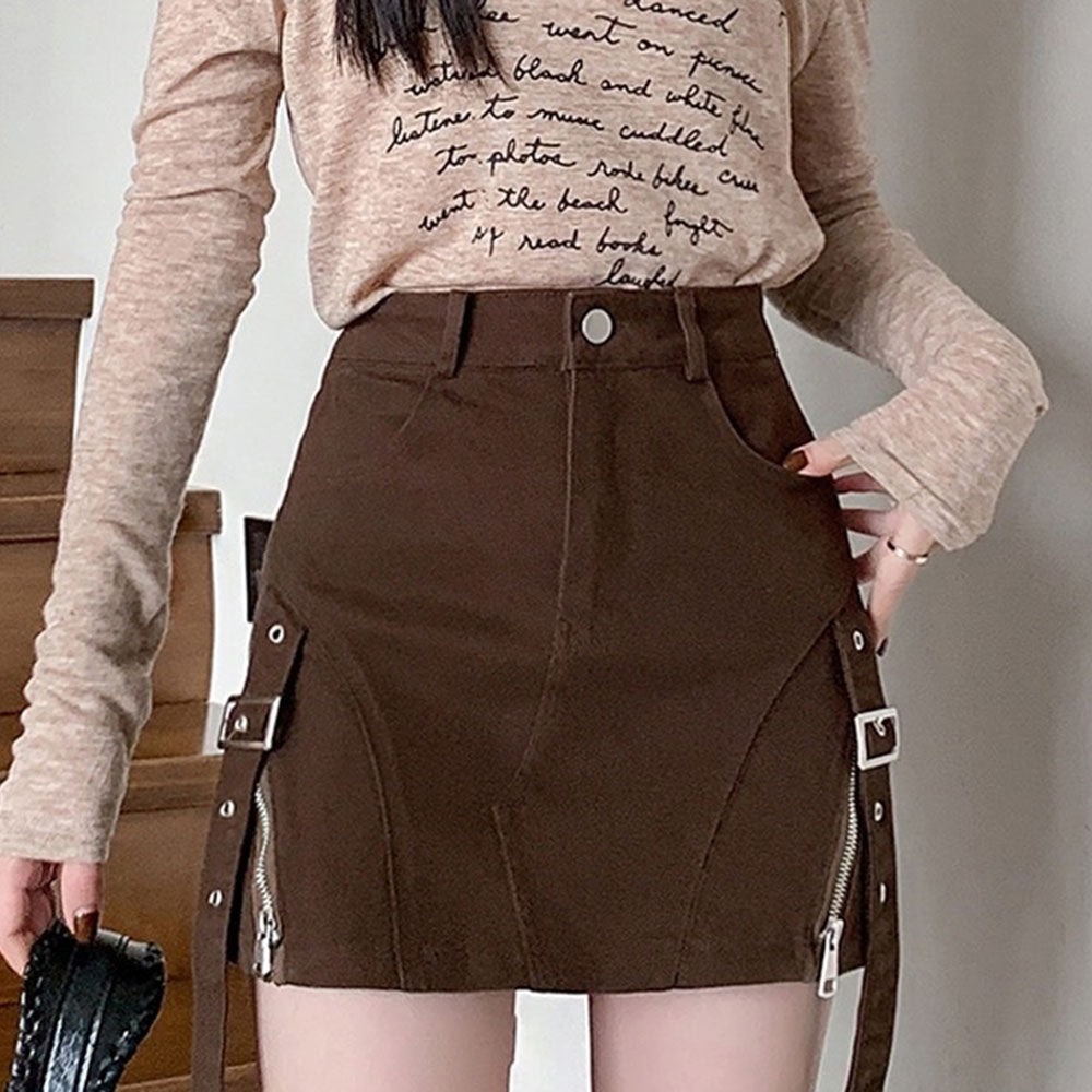 Brown Denim Buckle Skirt