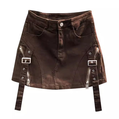 Brown Denim Buckle Skirt