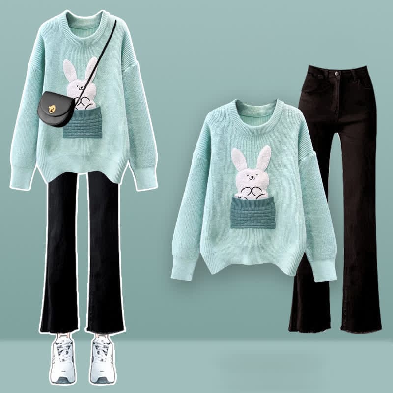 Bunny Embroidery Knit Sweater Plush Pants Set - Set D / M