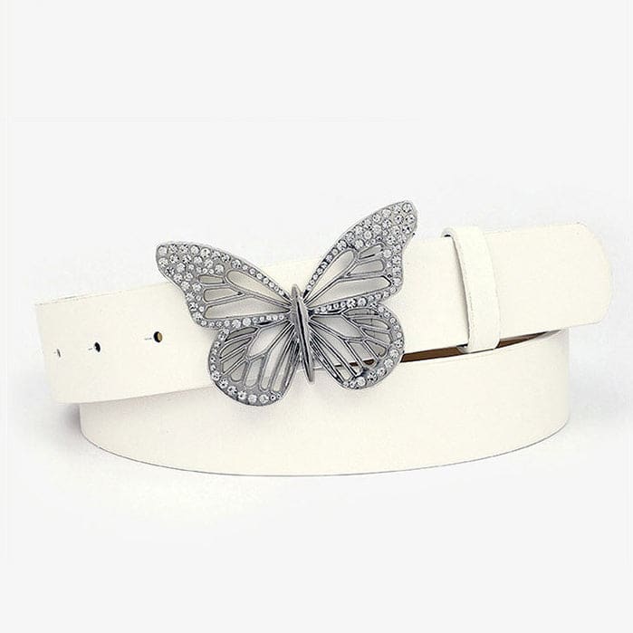 Butterfly Rhinestone Buckle Belt - Standart / White - Belts