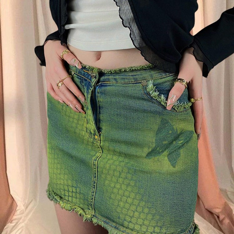 Green Butterfly Denim Skirt