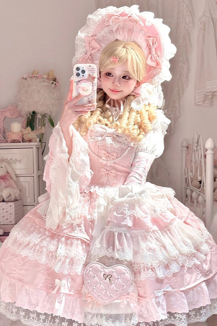 Peach Blossom JSK with Embroidery, Pearls & Cardigan
