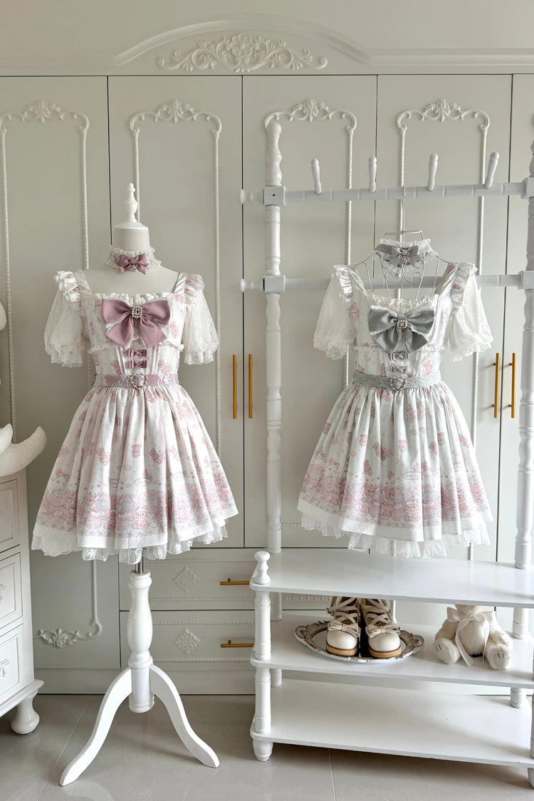 Teddy Bear Party Square Collar Dress with Ruffled Bow