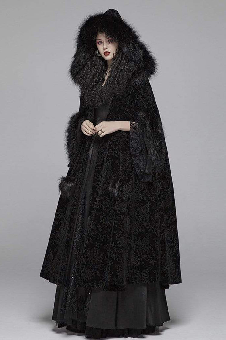 Gothic Fur Hood Fuzzy Ball Bandage Long Cloak for Women