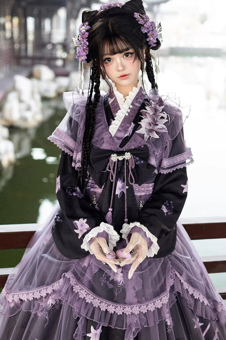 Stand Collar Long Sleeves Ruffled Embroidered Bow Classic Chinese Elegant Lolita Dress Set