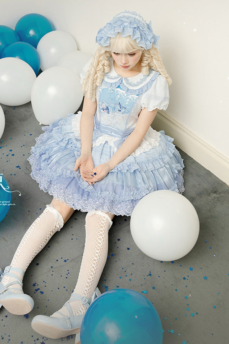 Whale Lapel Collar Short Sleeve Triple Ruffle Embroidered Sweet Lolita Dress