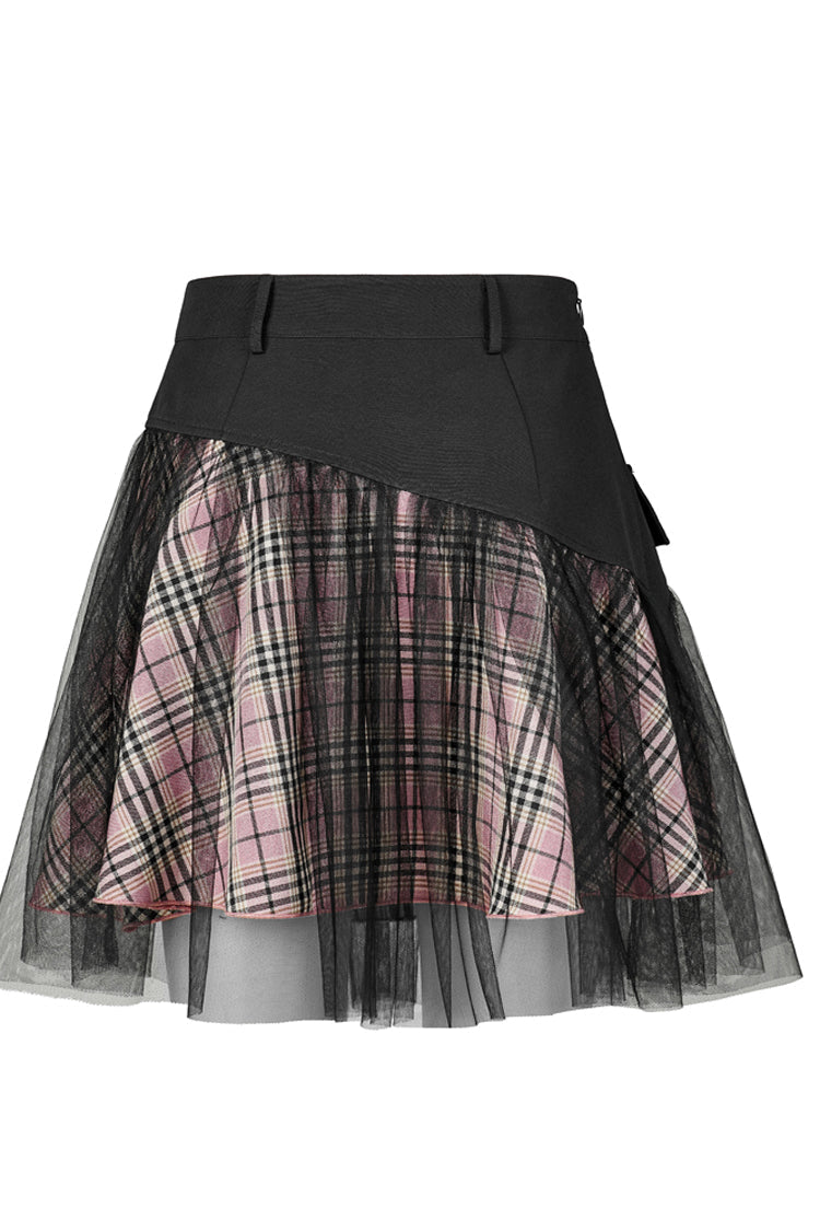 Pink & Black Punk Mesh Skirt with Pocket Accents & Waist Detail
