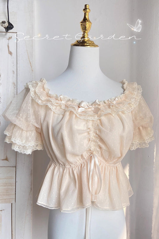 Short-Sleeve Embroidered Lace Bow Blouse - Cream Point
