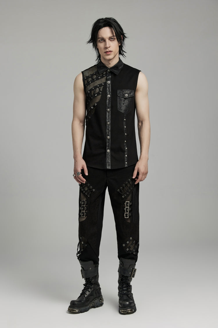 Men's Punk Vest with Hollow Stitching Lace-Up Mesh Design