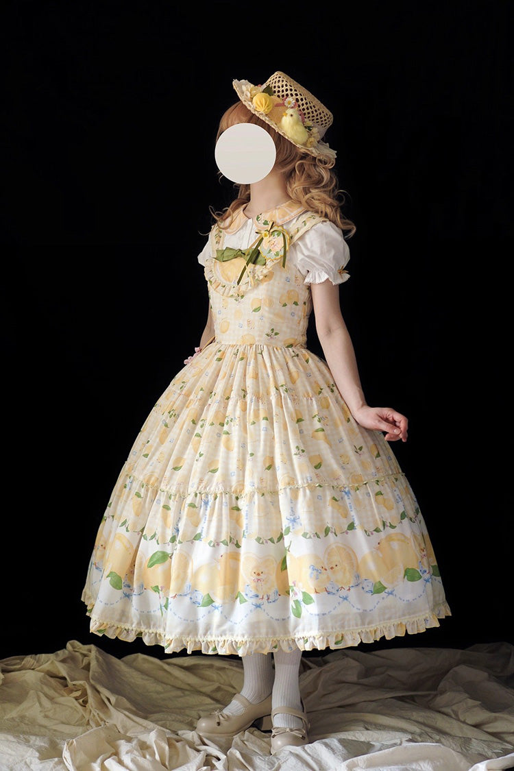 Sunshine Printed Ruffle Bow Lace Sweet Long Jumper - Lemon Chicken