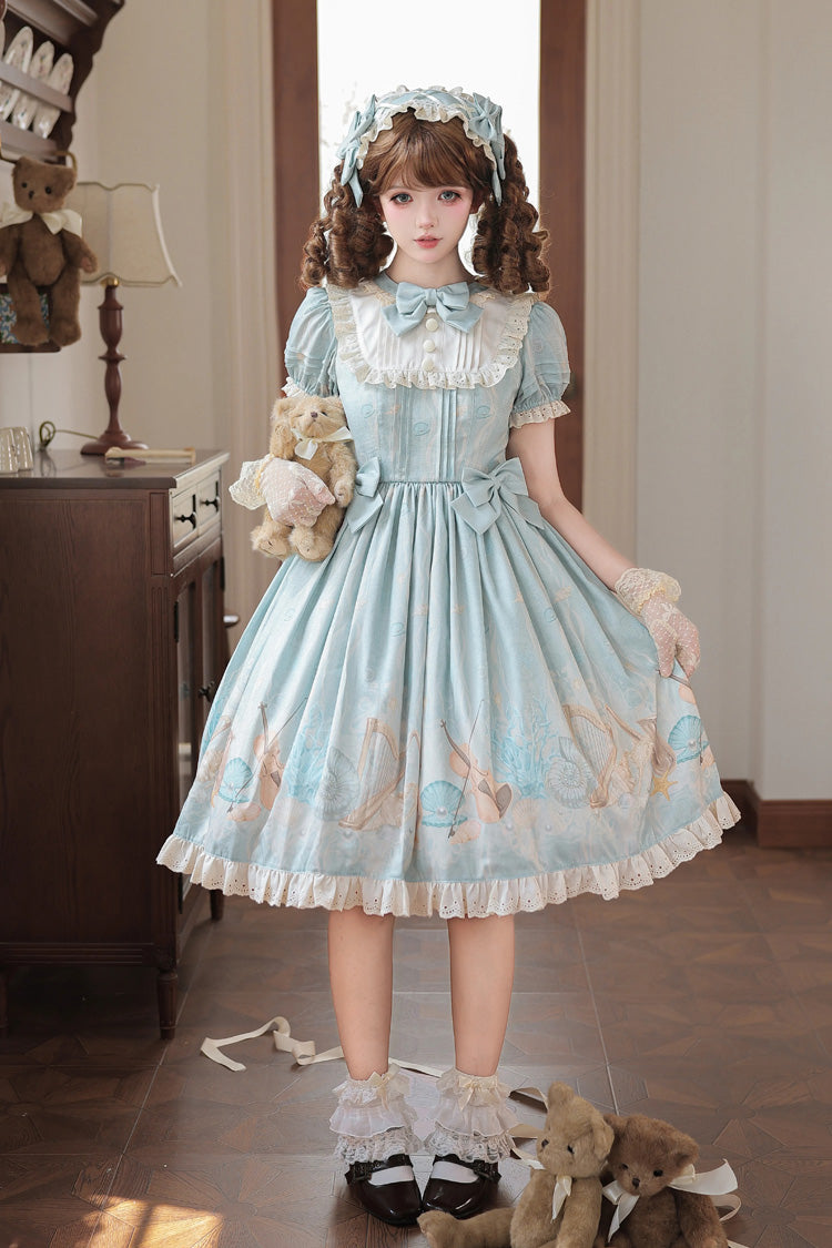 Underwater Concert Round Collar Short Sleeve Printed Bow Sweet Lolita Gown